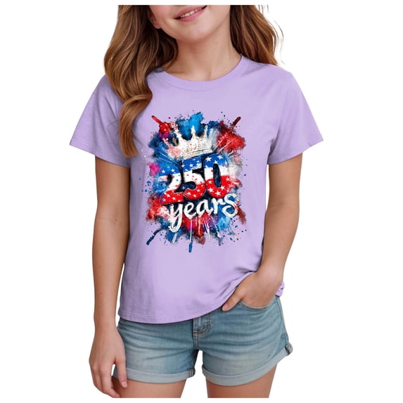 Quealent Kids Toddler Little Girls 250 Years Anniversary USA Shirt 250th Birthday 4th of July T-Shirt Patriotic Top (Purple, 5-6 Years)