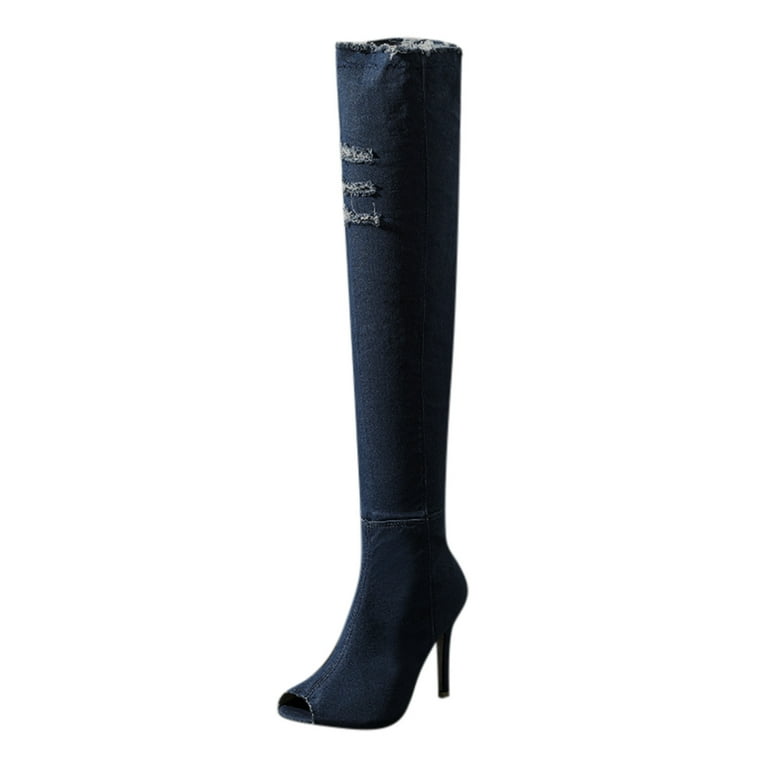 Ladies navy leather top knee high boots