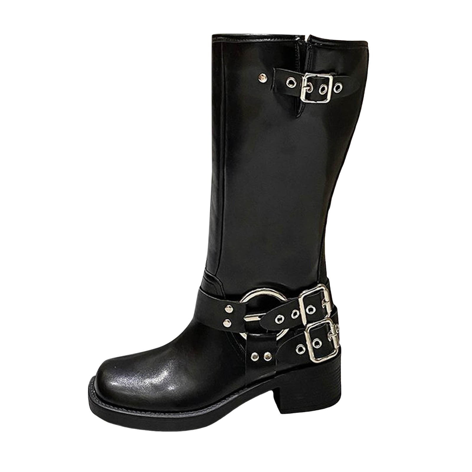 【Anyone more】Bolin Middle Biker Boots Quealent Knee High Boots for women Side Zipper Motorcycle