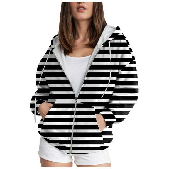 Quealent Lightweight Zip Up Hoodie Women Oversized Sweatshirt Striped Printed Long Sleeve Hooded Jacket Plus Size Fall 2025 Hoodies