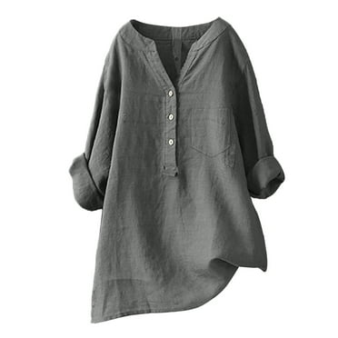 Quealent Linen Shirts for Women 2024 Casual Loose Cotton Gauze Buttons V Neck Short Sleeve Womens Tops Trendy Dressy Blouses (Gray,S)