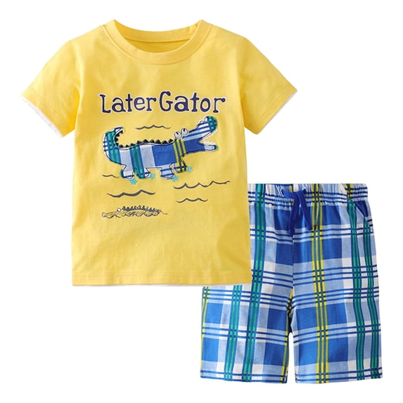 Quealent Little Boys Casual round-neck short-sleeved T-shirt and short suit summer beachwear Yellow for Size 5-6 Years