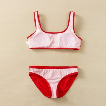 Quealent Little Girls Summer Swimsuits Toddler Girl 2 Piece Swimsuit Sport Red Soild High Waist Bikini Set Swimwear Bathing Suit,Red 5-6 Years