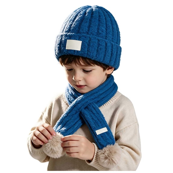 Quealent Little Kids Girls Boys Winter Knitted Hat and Scarf Set Pom Pom Beanie for Toddler Baby (Blue, 2-6 Years)