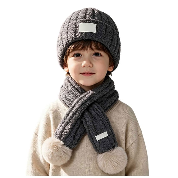 Quealent Little Kids Girls Boys Winter Knitted Hat and Scarf Set Pom Pom Beanie for Toddler Baby (Dark Gray, 2-6 Years)