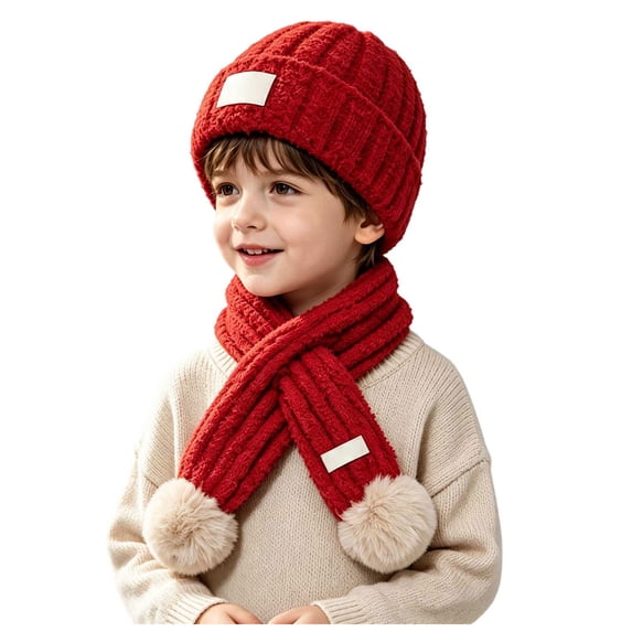Quealent Little Kids Girls Boys Winter Knitted Hat and Scarf Set Pom Pom Beanie for Toddler Baby (Red, 2-6 Years)