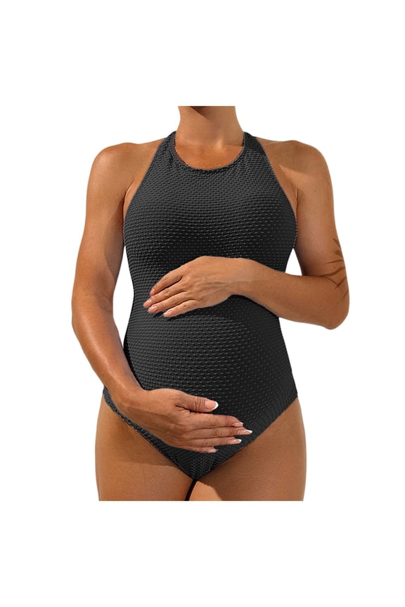 Maternity One Piece Swimsuit Scoop Neck Pregnancy Bathing Suit for Women Wide Straps Criss Cross Back Tie Ribbed Black for Size M