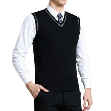 Quealent Men's Cotton Sweater Vest V Neck Regular Fit Knit Sleeveless Pullover Sweater (Black,M)