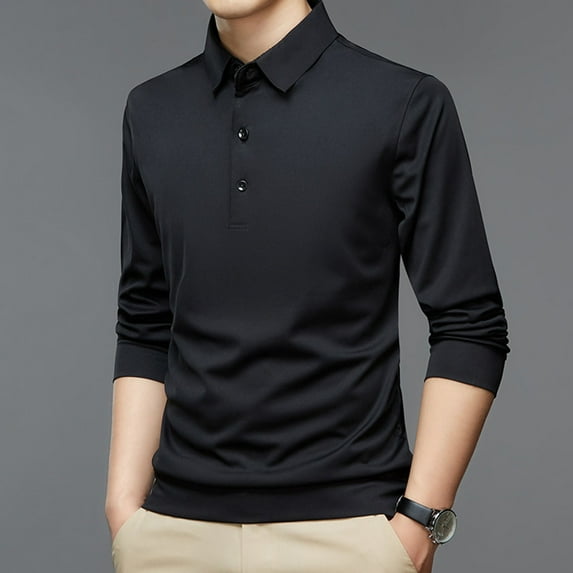 Quealent Men's Polos Shirts Long Sleeve Mens Polo Shirts Long Sleeve Men's Shirt Casual Button Down Shirts (Black,XL)