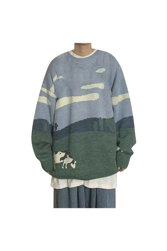 Men’s Sweater Knit Oversized Casual Knit Pullover Grandpa Graphic Crewneck Jumper Sweater (Gray,XXL)