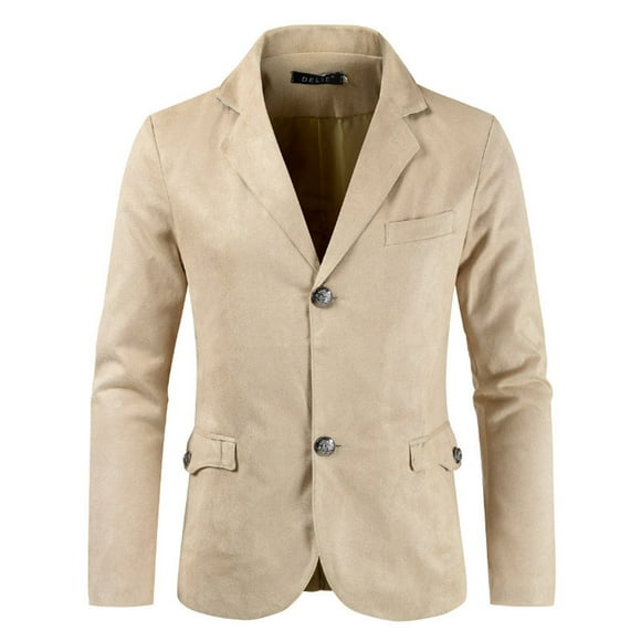 Quealent Men's Two Button Velvet Suit Jacket Working Buttonholes Blazer (Beige,M)