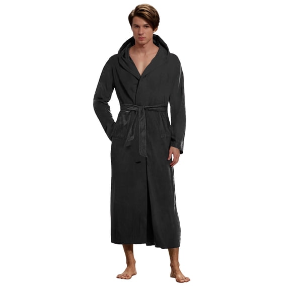 Quealent Mens Hooded Robe, Full Length Plush Robe for Men Big and Tall Fleece Bathrobe (Black,S)