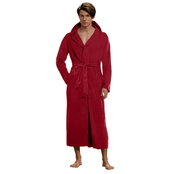 Quealent Mens Hooded Robe, Plush Robes for Men Long Fleece Bathrobe (Red,XL)
