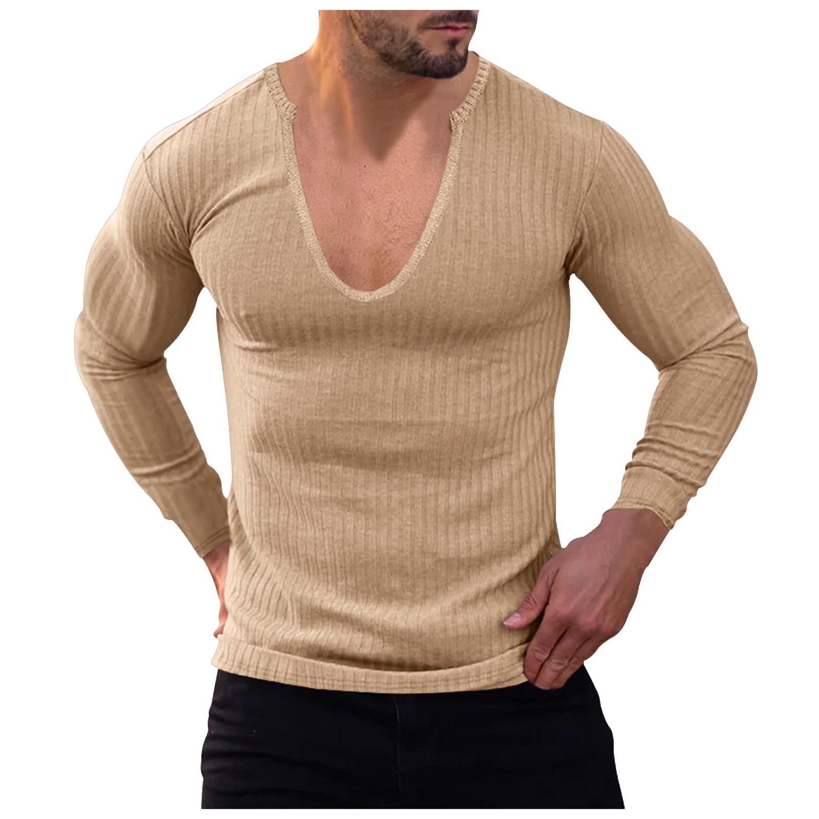 COOFANDY Men's Long Sleeve Muscle Tee - V-Neck Slim Fit Ribbed Stretch Shirt, Casual Longline Top
