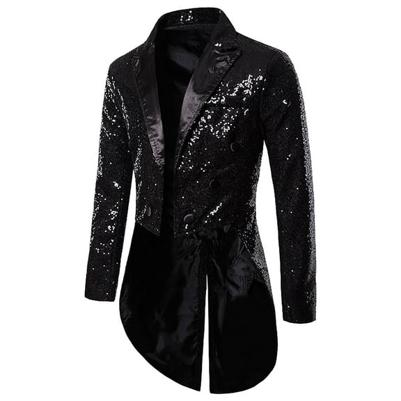 Quealent Mens Sequin Tuxedo Tailcoat Swallowtail Suit Jacket Dinner Party Wedding Blazer Slim Fit Show Tux Dress Coat (Black,XL)