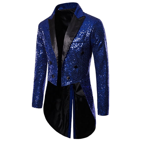 Quealent Mens Sequin Tuxedo Tailcoat Swallowtail Suit Jacket Dinner Party Wedding Blazer Slim Fit Show Tux Dress Coat (Blue,M)