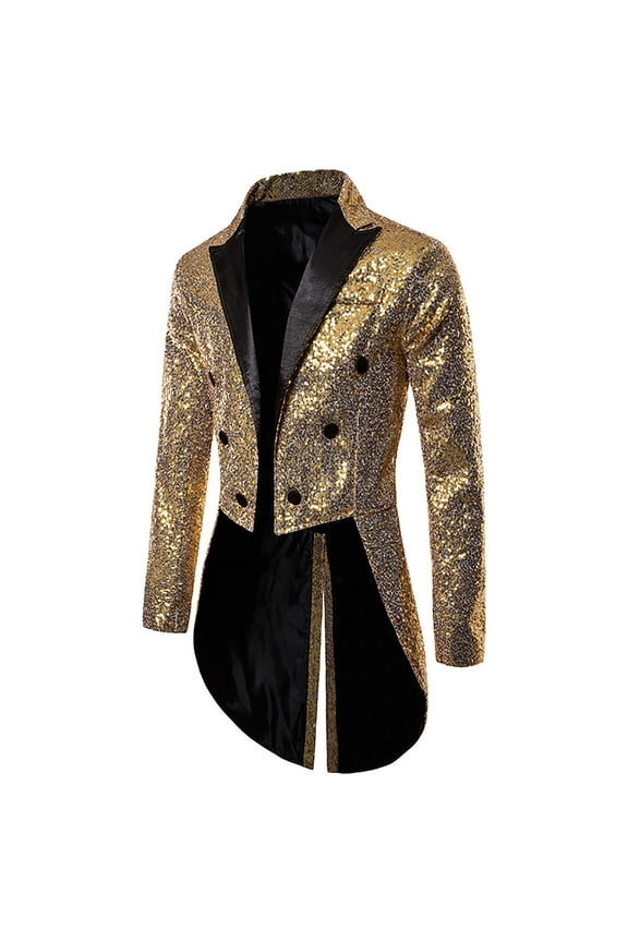 Mens Sequin Tuxedo Tailcoat Swallowtail Suit Jacket Dinner Party Wedding Blazer Slim Fit Show Tux Dress Coat (Gold,L)