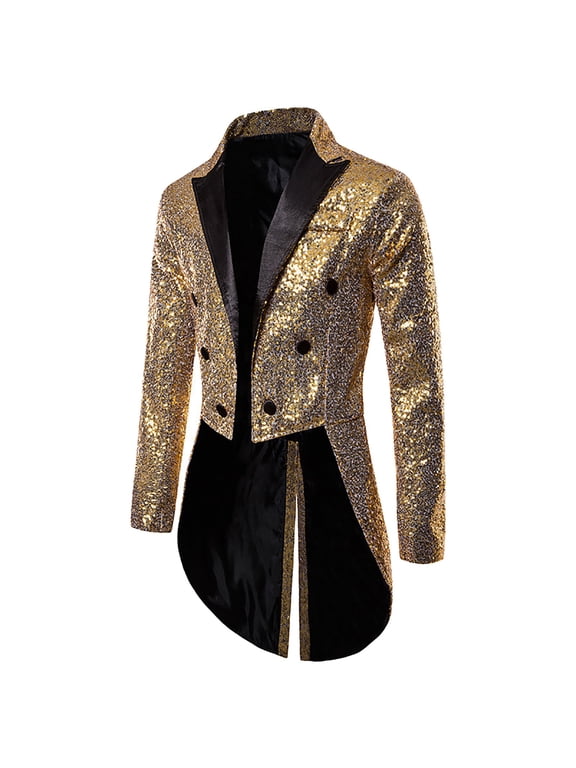 Mens Sequin Tuxedo Tailcoat Swallowtail Suit Jacket Dinner Party Wedding Blazer Slim Fit Show Tux Dress Coat (Gold,XL)