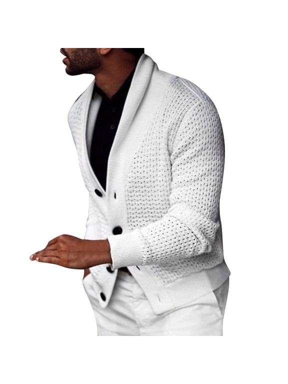 Mens Shawl Collar Cardigan Sweaters Button Down Open Front Knitwear Cable Knitted Casual Long Sleeve Soft Sweater Jackets Outwear (White,M)