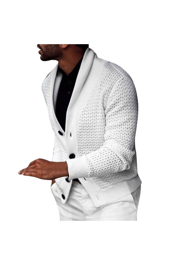 Mens Shawl Collar Cardigan Sweaters Button Down Open Front Knitwear Cable Knitted Casual Long Sleeve Soft Sweater Jackets Outwear (White,M)
