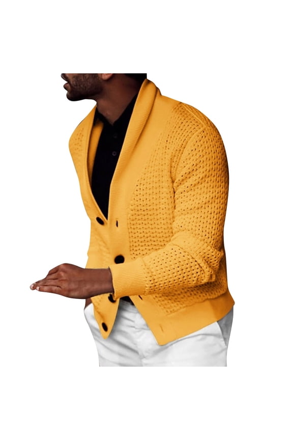 Mens Shawl Collar Cardigan Sweaters Button Down Open Front Knitwear Cable Knitted Casual Long Sleeve Soft Sweater Jackets Outwear (Yellow,M)