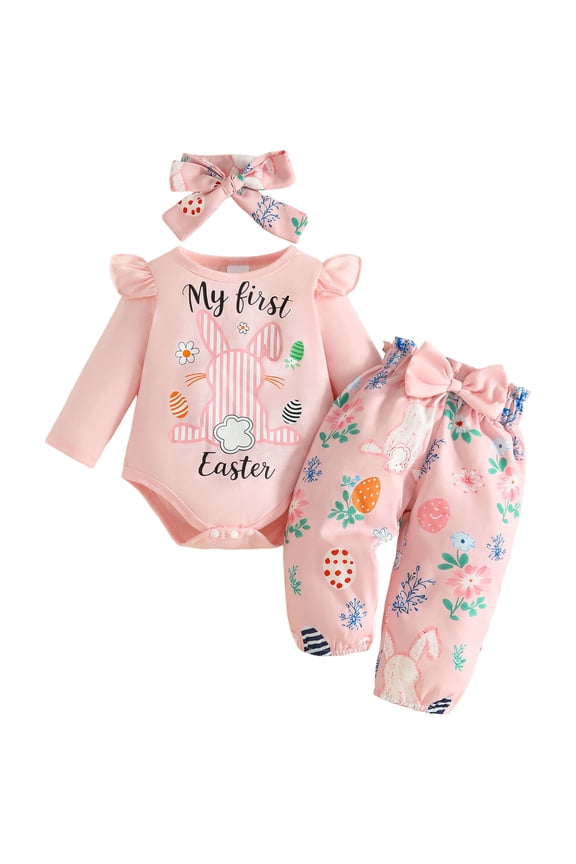 My First Easter Baby Girl Outfit Ruffle Sleeve Bunny Romper Onesie with Bow Pants Headband 3Pcs Easter Clothes Set Red for Size 3-6 Months