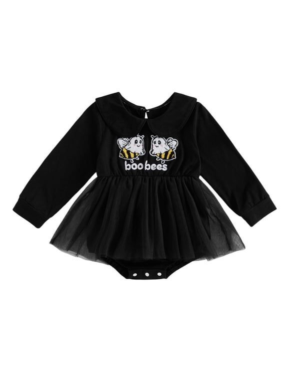 My First Halloween Outfit Newborn Baby Girl Pumpkin Ghost Bees Romper Long Sleeve Collar Tutu Dress Fall Clothes (Black, 6-12 Months)