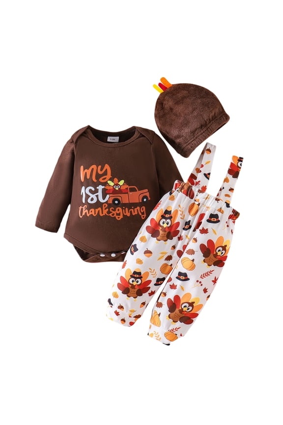 My First Thanksgiving Baby Boy Outfit Newborn Boy Turkey Romper Suspender Pants with Hat (Brown, 0-3 Months)