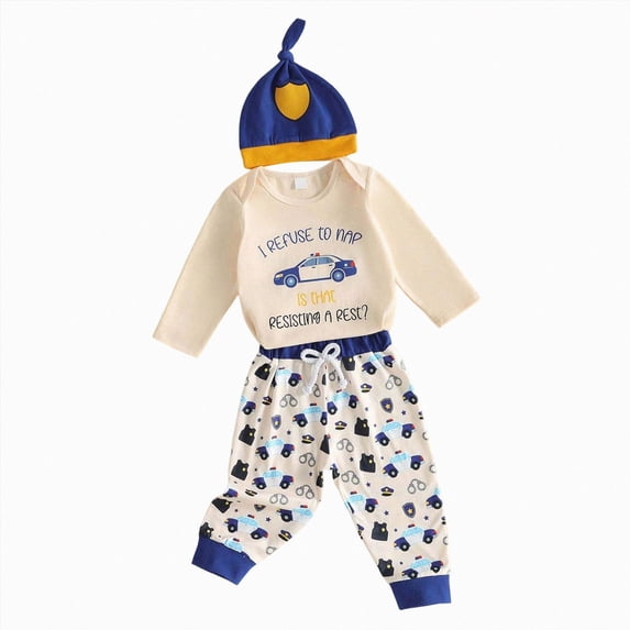 Quealent Newborn Baby Boy Clothes Long Sleeve Romper Pants Hat Set Police Car Print 3PCS Baby Boy Fall Winter Outfit Set (Beige, 6-9 Months)