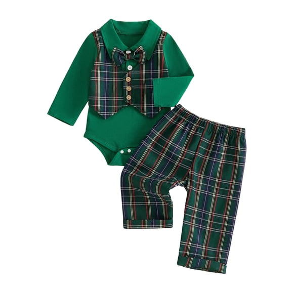 Quealent Newborn Baby Boy Clothes Suit Fake Two Piece Romper + Pant Sets | Baby Boy Suits,Infant Boy Formal Dress Clothes (Green, 12-18 Months)