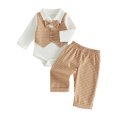 thumbnail image 1 of Quealent Newborn Baby Boy Clothes Suit Fake Two Piece Romper + Pant Sets | Baby Boy Suits,Infant Boy Formal Dress Clothes (Khaki, 9-12 Months), 1 of 4
