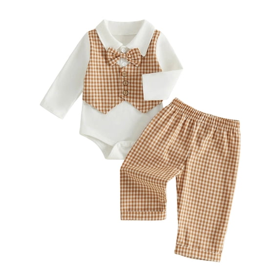 Quealent Newborn Baby Boy Clothes Suit Fake Two Piece Romper + Pant Sets | Baby Boy Suits,Infant Boy Formal Dress Clothes (Khaki, 9-12 Months)