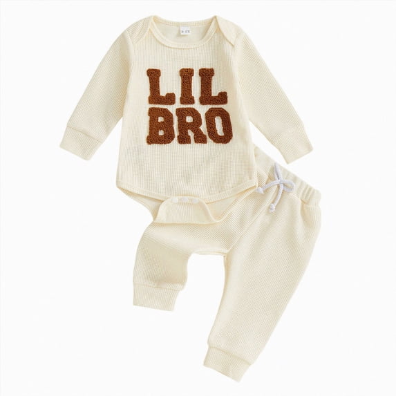 Quealent Newborn Baby Boy Fall Outfit Set Romper Pants Infant Waffle Clothes Long Sleeve Letter Embroidery Jumpsuit Bodysuit (Beige, 6-12 Months)