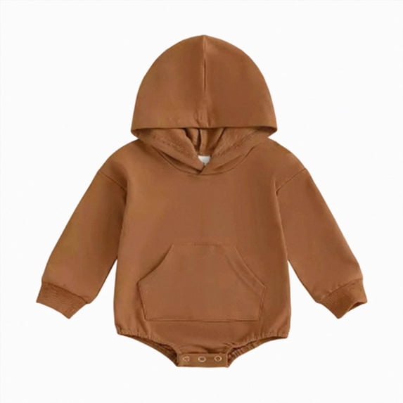 Quealent Newborn Baby Boy Girl Hooded Romper Long Sleeve Front Pocket Solid Color Hoodie Bodysuit Fall Winter Outfit (Brown, 18-24 Months)