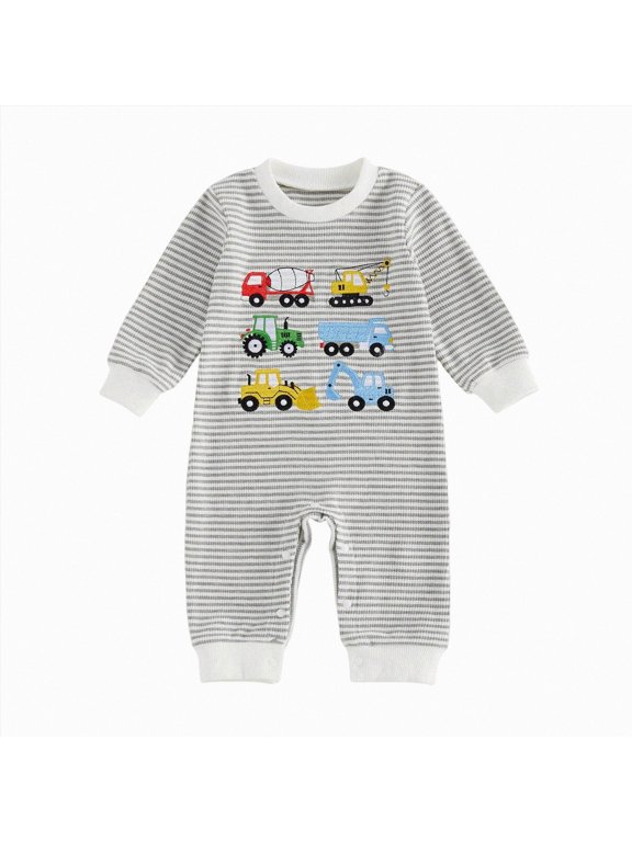 Newborn Baby Boy Knit Romper Truck Jumpsuit Striped Waffle Warm Clothes One Piece Fall Winter Outfits (Grey, 0-3 Months)
