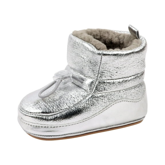 Quealent Newborn Baby Boys Girls Plush Boots Soft Sole Adjustable Winter Warm Snow Boots Crib Shoes Silver for Size Infant 4