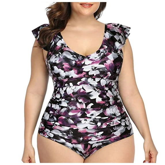 Quealent One Piece Swimsuit for Women Tummy Control Ruffle Bathing Suit V Neck Ruched Swim Suit Slimming Cutout Swimwear Light Gray for Size 4XL