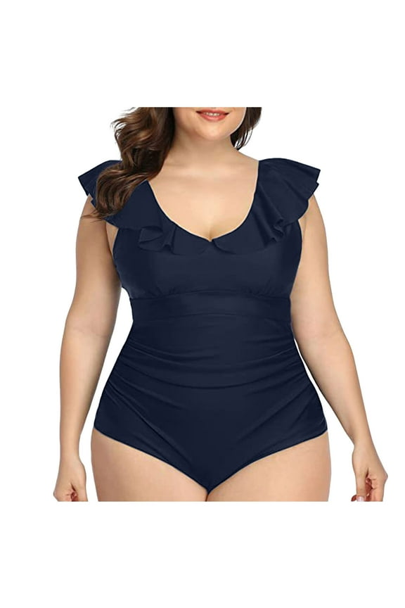 One Piece Swimsuit for Women Tummy Control Ruffle Bathing Suit V Neck Ruched Swim Suit Slimming Cutout Swimwear Navy for Size L