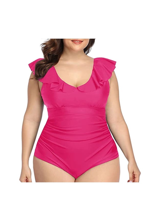 One Piece Swimsuit for Women Tummy Control Ruffle Bathing Suit V Neck Ruched Swim Suit Slimming Cutout Swimwear Red3 for Size XL