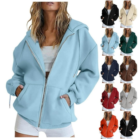 Quealent Oversized Zip Up Hoodie for Women Fashion Loose Fit Drawstring Long Sleeve Hooded Sweatshirts Casual Plus Size Hoodies Tops Cardigan Clothes