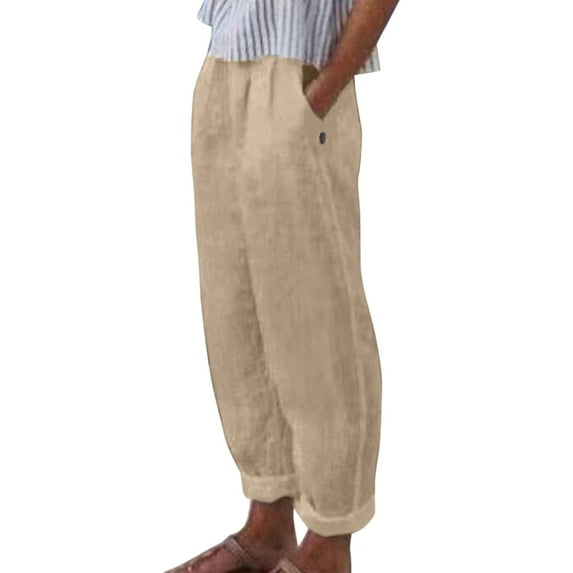 Quealent Pants for Womens Cotton Linen Palazzo Pants Drawstring Waist Casual Wide Leg Trousers with Pockets Khaki,S