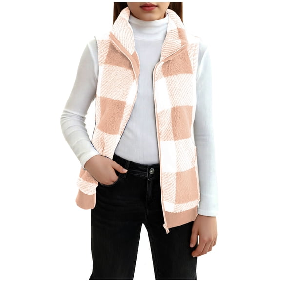 Quealent Plaid Jacket for Teen Girls Sleeveless Fleece Vest Full Zipper Stand Collar Jacket Warm Outwear Teen Shacket Clothes (Orange, 11-12 Years)