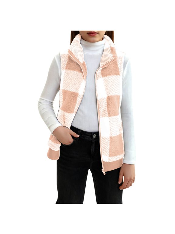 Plaid Jacket for Teen Girls Sleeveless Fleece Vest Full Zipper Stand Collar Jacket Warm Outwear Teen Shacket Clothes (Orange, 11-12 Years)