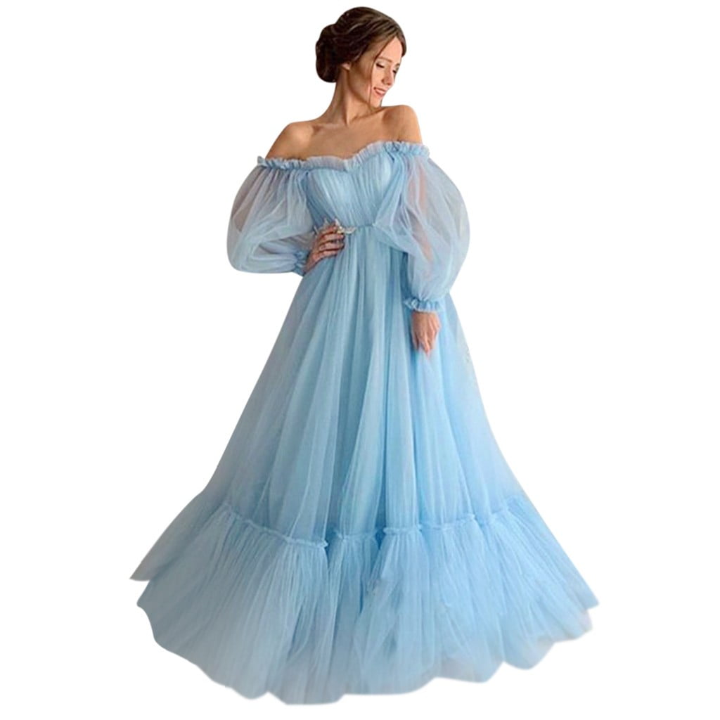Quealent Prom Dresses for Teens 2024 Puffy Sleeve V Neck Tea Length