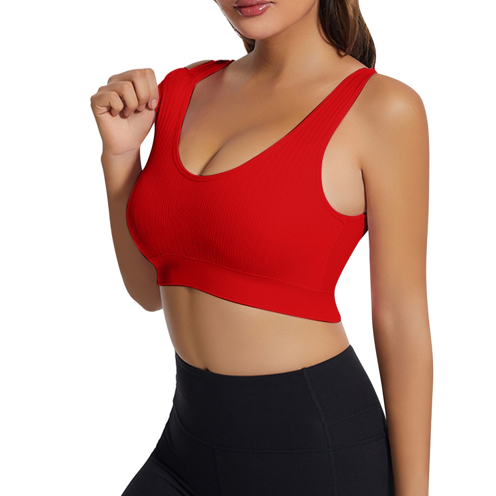  Womens Push-Up Padded Strappy Sports Bra Cross Back Wirefree  Fitness Yoga Top Red Large