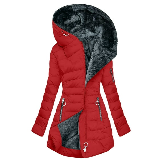 Quealent Quilted Jackets for Women Long Thicken Puffer Jacket Fleece Lined Winter Coats Hooded coat with Zip Pockets Red for Size L