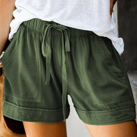Quealent Running Shorts For Women Womens Casual Shorts Comfy Elastic Waist Drawstring Pocket Shorts Pants,Army Green 4XL