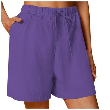 Quealent Shorts for Women 2024 Trendy Linen Shorts Casual Summer Plus Size Drawstring Beach Shorts with Pockets Comfy Lounge Shorts (Purple,XXL)