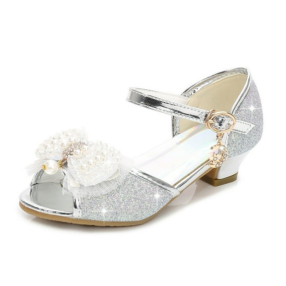 Quealent Sparkly Girls Dress Shoes Princess Shoes High Heels Peep Toe Low Heel Glitter Toddler Big Kid Wedding Party Silver for Size 4