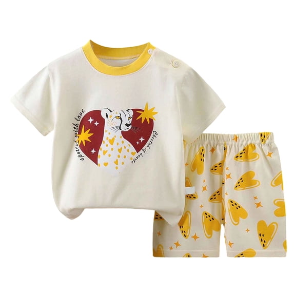 Quealent Summer Outfit Set for Toddler Boy 2 Piece Short Sleeve T Shirt Top Shorts Sets Cartoon Printed Crewneck Comfortable Outfits (Yellow, 3-4 Years)